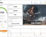 Wynik testu wydajności komputera Fire Strike: 2743. Wyniki grafiki 2980, fizyki 18004. Szacowana wydajność w grach poniżej 20 FPS.