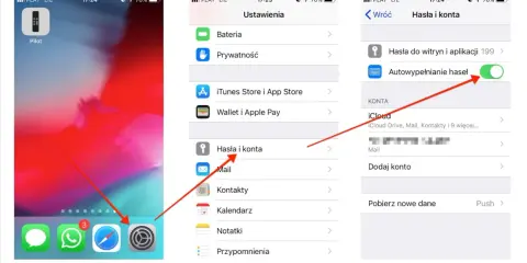 Ekran iPhone z ustawieniami, gdzie widać opcję "Hasła i konta" oraz włączone "Autouzupełnianie haseł".