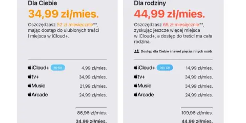 Porównanie pakietów iCloud+: "Dla Ciebie" (34,99 zł/mies.) i "Dla rodziny" (44,99 zł/mies.) z usługami tv+, Music i Arcade.