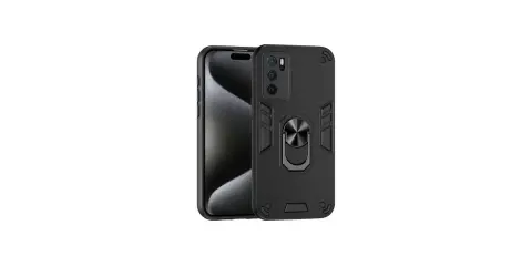 Czarne, wytrzymałe etui na telefon Oppo A16 z pierścieniem na palec i wzmocnionymi narożnikami.