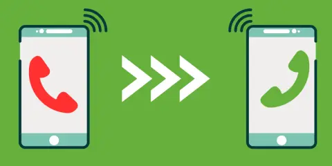 Ilustracja przedstawia dwa telefony, jeden z czerwoną słuchawką, drugi z zieloną, połączone strzałkami. Symbolizuje przekierowanie połączeń motorola.