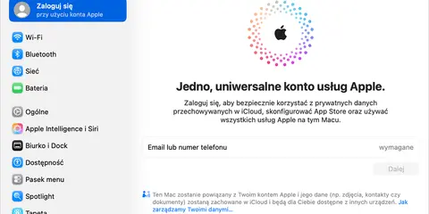 Ekran logowania do iCloud. Wpisz email lub numer telefonu, aby utworzyć nowe konto Apple i korzystać z usług chmury.