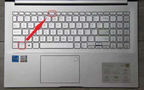 Klawiatura laptopa z podświetloną ikoną touchpada. Czerwona strzałka wskazuje klawisz Fn+Esc, który może aktywować touchpad.