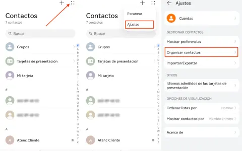 Jak przywrócić kontakty z kosza? Kliknij "Ajustes" (Ustawienia), a następnie "Organizar contactos" (Organizuj kontakty).