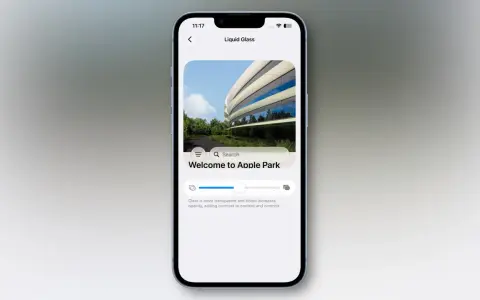Na ekranie iPhone'a widzimy interfejs aplikacji "Liquid Glass" z widokiem na Apple Park. To przykład, jak można tworzyć prezentacje, np. na keynote.