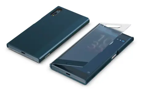 Dwa granatowe etui na telefon, jedno z widocznym logo SONY, drugie z otwartą klapką na ekranie smartfona sony xperia xt mobile.