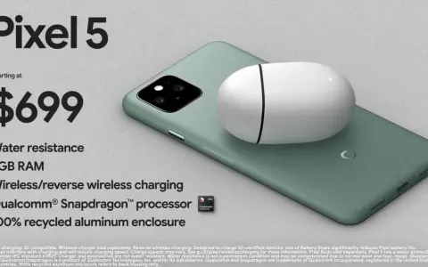 Google Pixel 5 w kolorze zielonym, z białymi słuchawkami na obudowie. Cena $699, wodoodporność, 8GB RAM.