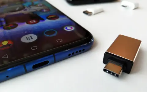 Złoty adapter USB-C i białe przejściówki leżą obok niebieskiego smartfona. Dowiedz się, jak podłączyć pendrive do telefonu.