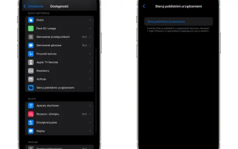 Ustawienia dostępności iPhone'a: opcja "Steruj pobliskimi urządzeniami" umożliwia zdalne sterowanie iphonem innymi urządzeniami w pobliżu.