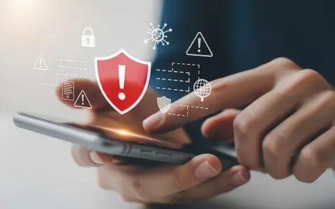 Ochrona iPhone'a przed wirusami i zagrożeniami. Ikony bezpieczeństwa i ostrzeżenia nad smartfonem.