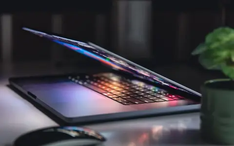 Otwarty notebook z podświetlaną klawiaturą i ekranem, obok myszka i roślina. To jest właśnie notebook, narzędzie do pracy i rozrywki.