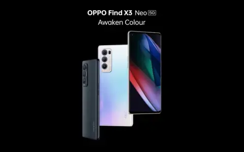 Dwa telefony OPPO Find X3 Neo w kolorach czarnym i perłowym, jeden z nich wyświetla abstrakcyjny wzór.