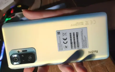 Xiaomi Redmi Note 10 Pro fioletowy w całej okazałości, z widocznym modułem aparatów i etykietą informacyjną.