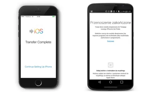Przenoszenie danych z Androida na iPhone zakończone. Na ekranie iPhone'a komunikat "Transfer Complete", na Androidzie "Przenoszenie zakończone".