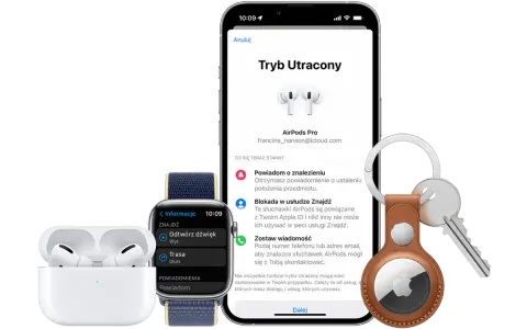 iPhone z funkcją znajdź mój iphone icloud, Apple Watch i AirTag pomagają odnaleźć zgubione AirPods Pro.
