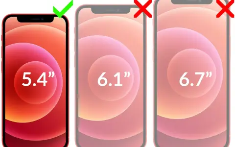 Porównanie iPhone 12 wymiary: 5.4", 6.1" i 6.7". Zielony znaczek przy 5.4", czerwone krzyżyki przy pozostałych.