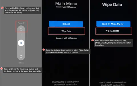 Instrukcja jak zresetować telefon Xiaomi: wyłącz, wejdź w recovery, wybierz "Wipe Data", a potem "Wipe All Data".