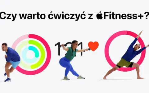 Trzy osoby ćwiczą, a obok nich widnieją kolorowe pierścienie aktywności i serce. Czy warto ćwiczyć z Apple Fitness+?