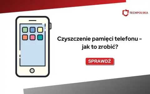 Ilustracja telefonu z ikonami aplikacji. Tekst: "Czyszczenie pamięci telefonu – jak to zrobić?". Sprawdź, jak usprawnić automatyczne czyszczenie telefonu.