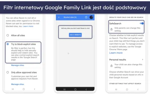 Jak zablokować strony dla dorosłych? Google Family Link oferuje opcję "Spróbuj blokować nieodpowiednie strony", która pomaga ukryć treści dla dorosłych.