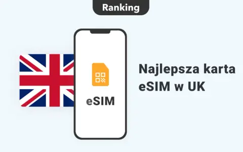 Ranking najlepszej karty eSIM w UK. Flaga Wielkiej Brytanii obok telefonu z ikoną eSIM.