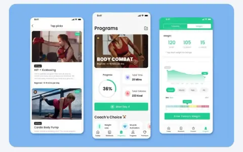 Aplikacja fitness iPhone z programami treningowymi, takimi jak Kickboxing i Body Combat, oraz śledzeniem wagi i postępów.