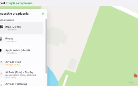 Interfejs iCloud "Znajdź urządzenia" pokazuje listę urządzeń, w tym iPhone'a. Można tu zarządzać sprzętem, nawet jeśli nie masz go przy sobie, co jest pomocne, gdy zastanawiasz się, jak wyłączyć Find My iPhone bez telefonu.