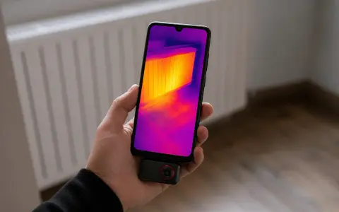 Telefon z termowizją pokazuje ciepło grzejnika.