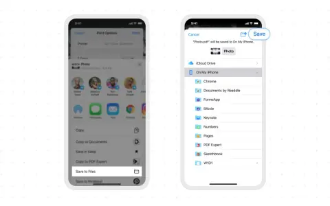 Skanowanie dokumentów iPhone: wybierz "Zapisz do plików", aby zachować zeskanowany dokument PDF na urządzeniu.