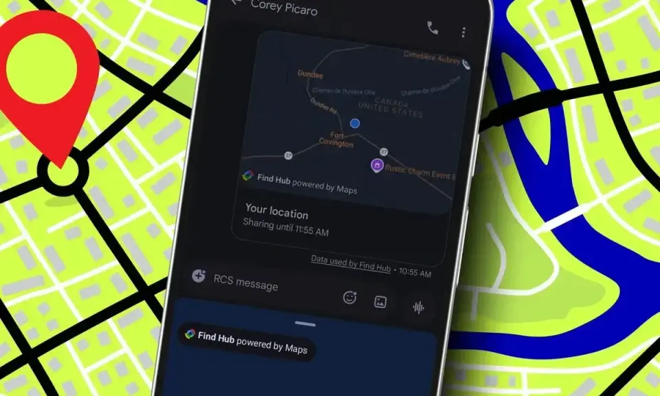 Telefon pokazuje, jak wysłać pinezkę z telefonu. Widoczna jest mapa z zaznaczoną lokalizacją i opcją udostępniania.