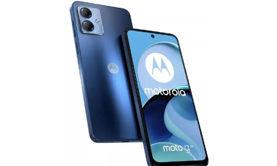 Dwa niebieskie telefony Motorola G Play na białym tle. Jeden z przodu z logo Motorola i napisem "moto g¹⁴", drugi z tyłu z modułem aparatu.