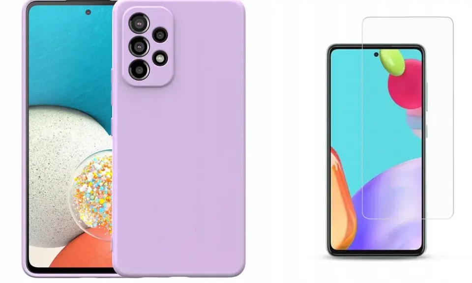 Fioletowe etui na Samsunga A53 5G i szkło ochronne na ekran.