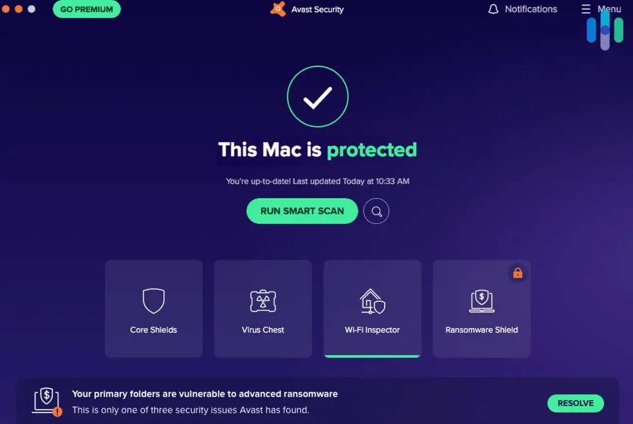 Darmowy antywirus Avast Security informuje, że Mac jest chroniony. Wykryto zagrożenie ransomware.