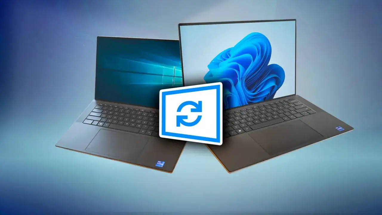 Dwa laptopy, jeden z tapetą Windows 10, drugi z Windows 11. Pośrodku niebieski symbol aktualizacji.