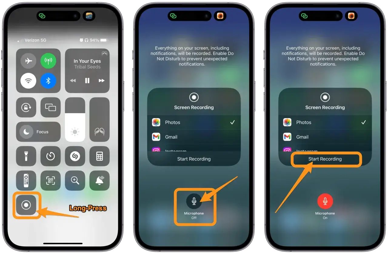 Instrukcja nagrywania ekranu iPhone: przytrzymaj ikonę nagrywania, wybierz aplikację, włącz mikrofon i kliknij 