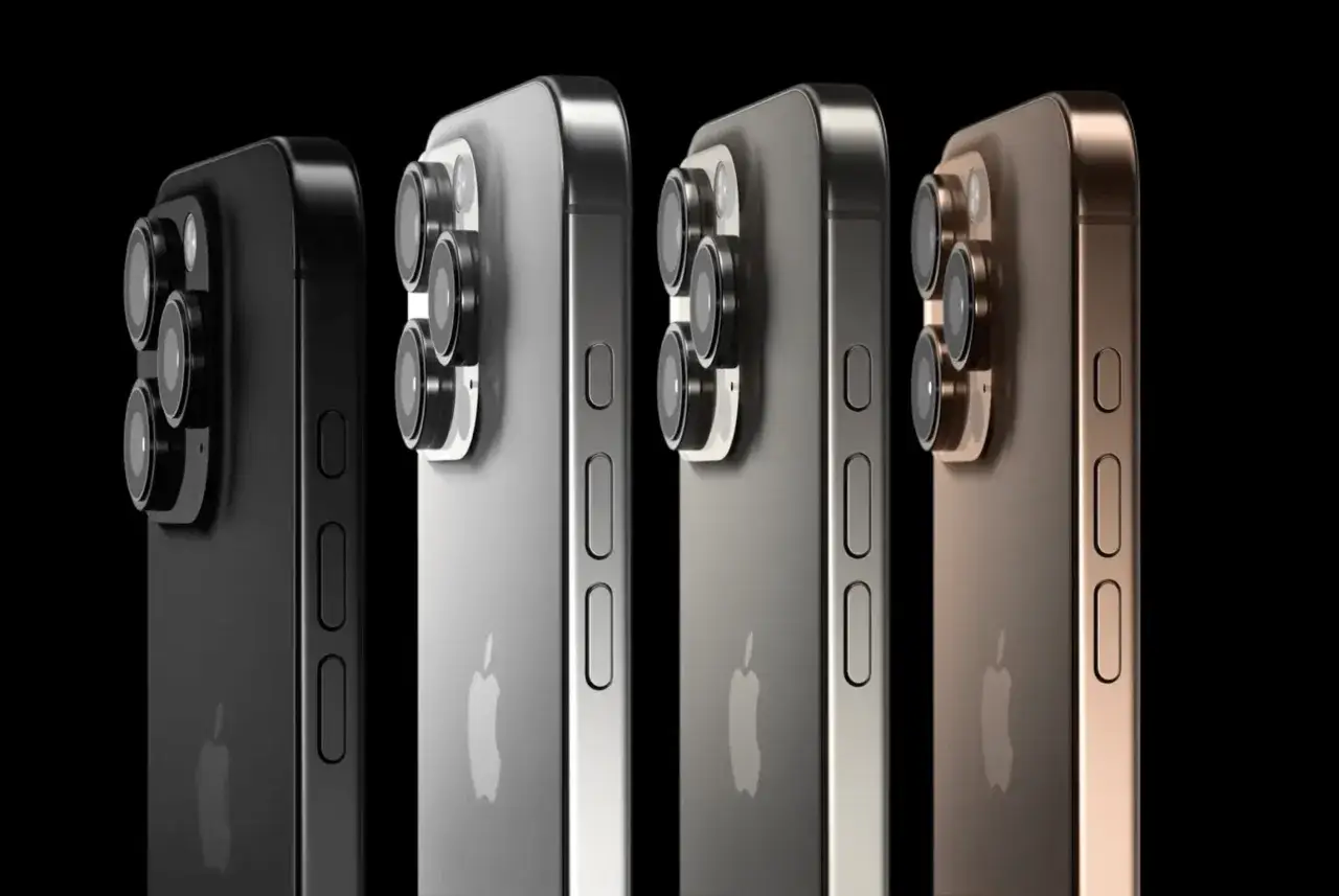 Cztery iPhone'y 16 w różnych kolorach: czarny, srebrny, grafitowy i złoty, prezentują swoje potrójne aparaty.