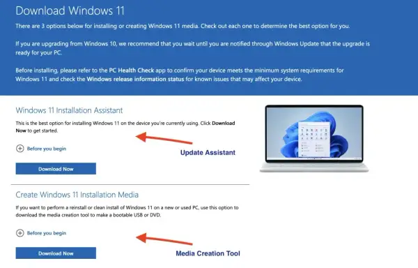 Strona z opcjami jak zainstalować Windows 11: Asystent Instalacji i Narzędzie do tworzenia nośnika.