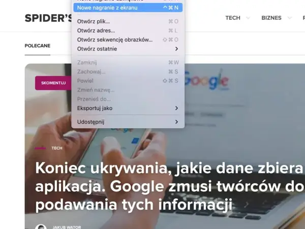 Menu z opcją "Nowe nagranie z ekranu" pokazuje, jak nagrywać ekran na komputerze.