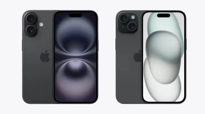 Dwa iPhone'y w ciemnoszarym kolorze, jeden z podwójnym aparatem, drugi z ekranem. Premiera iPhone 16 coraz bliżej!