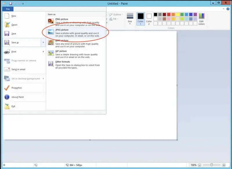 Jak zrobić screena na laptopie? W Paint wybierz "Plik", "Zapisz jako", a następnie "Obraz JPEG".