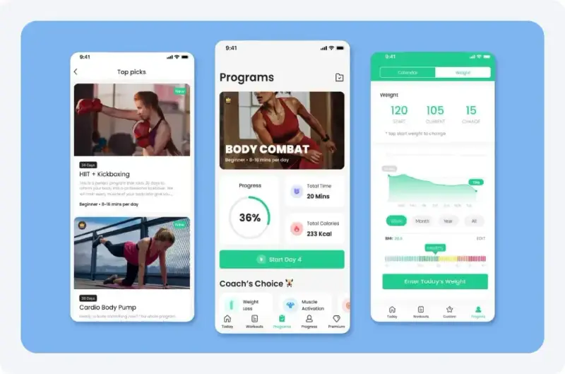 Aplikacja fitness iPhone z programami treningowymi, takimi jak Kickboxing i Body Combat, oraz śledzeniem wagi i postępów.
