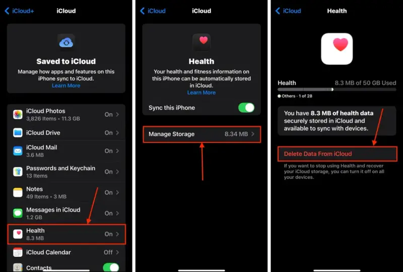 Jak usunąć aplikacje z iPhone: na ekranie "Zarządzaj pamięcią iCloud" wybierz "Zdrowie", a następnie "Usuń dane z iCloud".